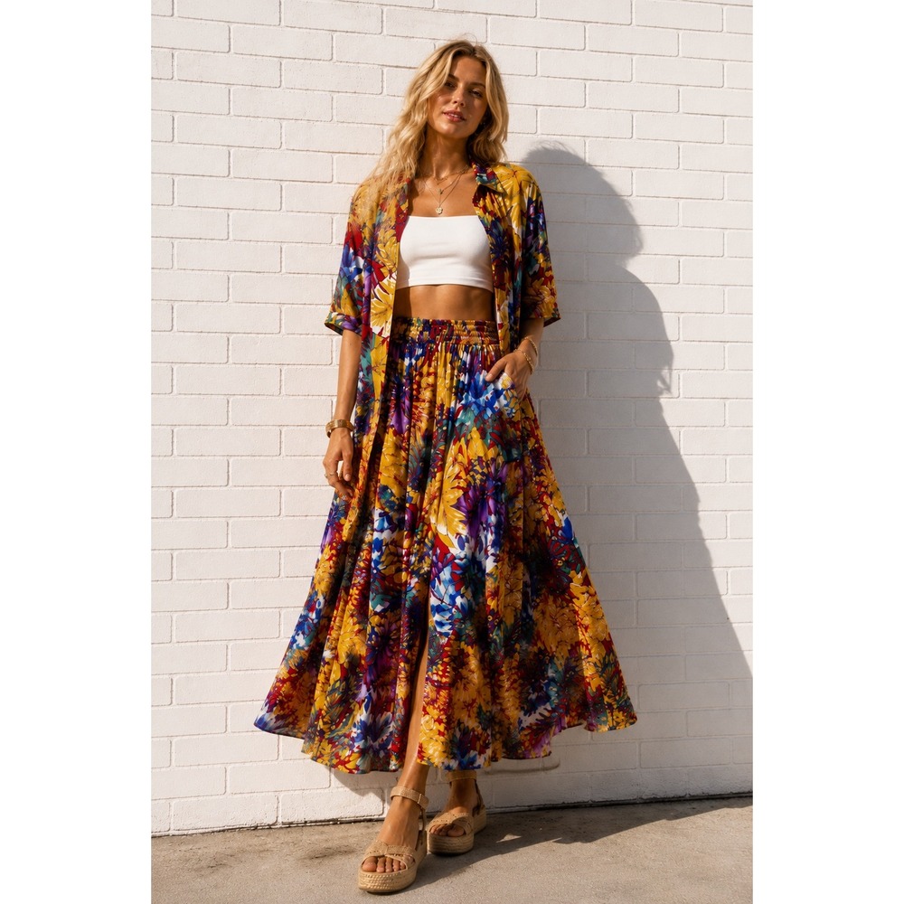 Vintage Tropical Skirt Set Matching Button Shirt Elastic Waist Resort L